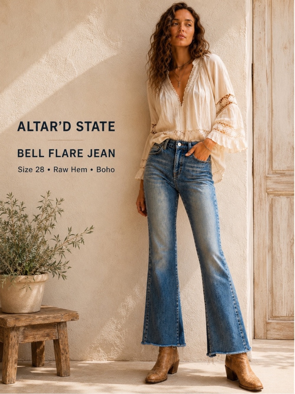 Altar’d State Flare Bell Bottom Jeans Women’s Size 28 Dark Inlay Raw Hem Boho